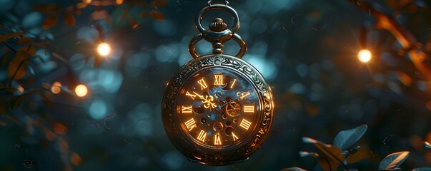 Magical Pocket Watch Floating in Mystical Dark Forest Time Concept with Copy Space
