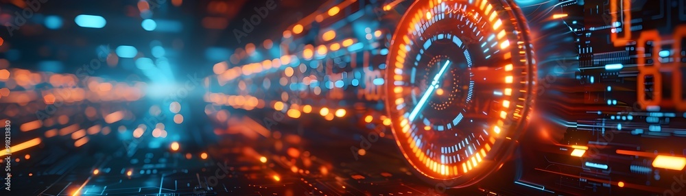 Poster futuristic holographic clock interface floating in high tech environment time concept with copy spac