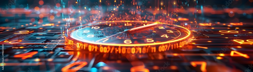Poster futuristic holographic clock interface floating in sleek high tech environment with copy space