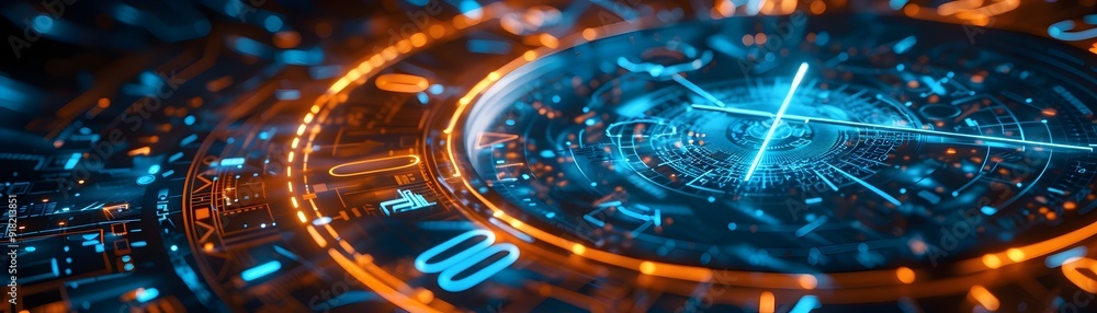 Poster futuristic holographic clock interface floating in sleek high tech environment with time concept