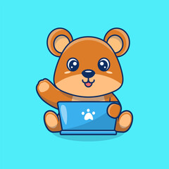 Cute teddy bear working on laptop cartoon vector illustration animal technology icon concept