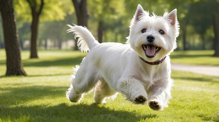 A golden retriever dashing through a lush, green meadow, bathed in warm sunlight and full of flowers.