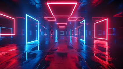 Naklejka premium 3d render, abstract futuristic background with neon blue and red light in dark room. Digital wallpaper for video game or motion design.