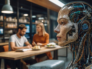 a humanoid robot with expressive face, a depiction of artificial intelligence realistically integrated in everyday life