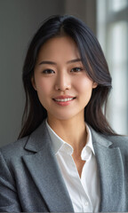 Fototapeta premium A businesswoman wearing a gray suit and white shirt stands confidently against a gray wall.