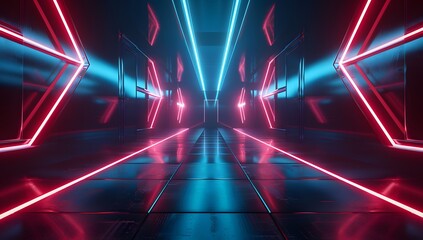 3d render, abstract futuristic background with neon blue and red light in dark room. Digital wallpaper for video game or motion design.