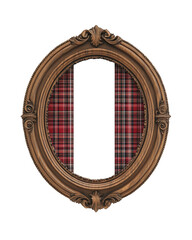 Oval Wooden Window Frame with Red Plaid Background