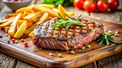 Juicy Grilled Steak with Rosemary and French Fries.