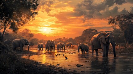 Depicts a herd of elephants peacefully roaming in a protected conservation area.