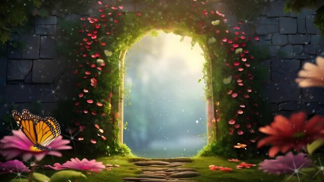 A magical gateway to a fairy tale world decorated with colorful flowers. Video smooth short 4K