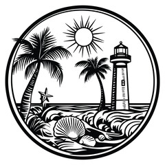 Beach view with coconut trees and Light House, Sketch simple style. logo, black and white vector design