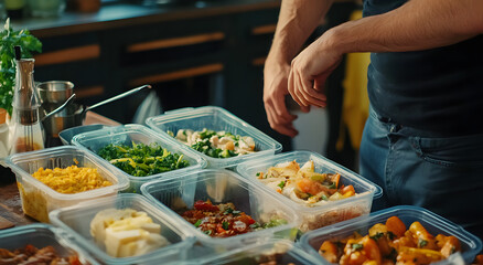 Obraz premium A person is preparing meals in plastic containers on the table