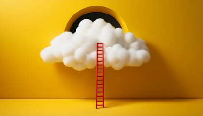 Abstract yellow background with white clouds flying out the tunnel and red ladder to cloud.  Generated image