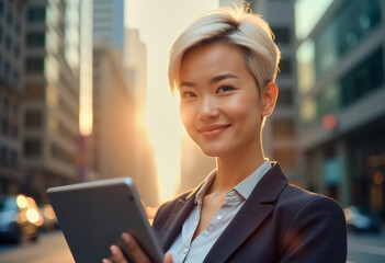 A photo of a business worker person with a tablet computer in hands, in the middle of urban city