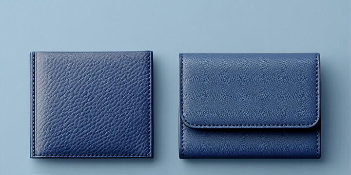 Blue wallet set, flat layout on white background