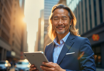 Fototapeta premium A photo of a business worker person with a tablet computer in hands, in the middle of urban city