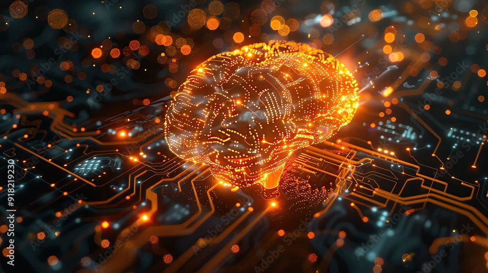 Poster Futuristic representation of a neural network with glowing brain and circuit design, symbolizing technology and innovation.