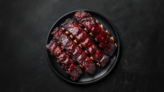 Delicious Barbecue Ribs On Black Plate With Sauce