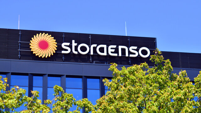 Warsaw, Poland. 31 July 2024. Wola business district in the city center with office centers and  modern buildings. Urban landscape. Company signboard Stora Enso.