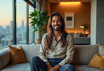 Obraz premium A photo of a penthouse homeowner person relaxing in the apartment with a skyline cityscape view