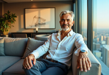 Obraz premium A photo of a penthouse homeowner person relaxing in the apartment with a skyline cityscape view