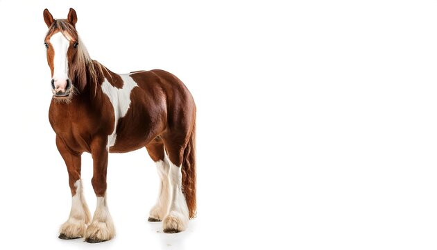 close up view of a brown Clydesdale, a Scottish breed of draught horse.  isolated on white background with copy space. cute adorable farm livestock mammal animal concept