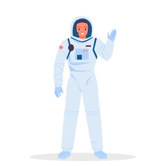 Woman astronaut standing in spacesuit and helmet. Young cute female pilot or captain of spaceship waving hand, smiling pretty girl with cosmonaut and spaceman profession cartoon vector illustration