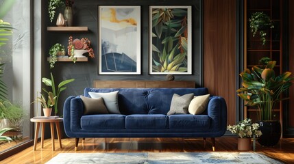 Blue sofa in a cozy, modern living room
