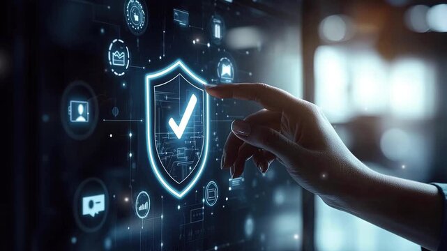 Virtual screen with a shield and check mark icon of personal protective equipment. Technology futuristic digital marketing. Financial protection, health insurance or business safety. Modern technology