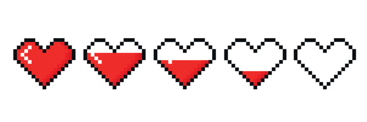 Pixel heart iсon set in retro style. the level of health in the game