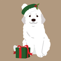 Simple and adorable Christmas illustration of Great Pyrenees sitting