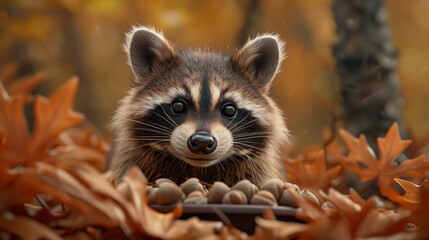 Fototapeta premium A raccoon with a pile of acorns nestled in a bed of vibrant autumn leaves, capturing the essence of fall in the forest.