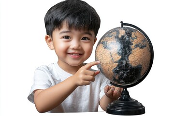 Young Boy Pointing at Globe, Learning About Geography
