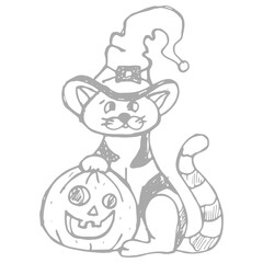 Hand drawn illustration of a cat in the hat with pumpkin. Halloween doodle vector illustration for kids coloring page 