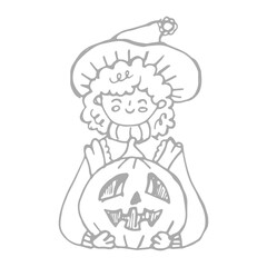 Hand drawn illustration of the boy with pumpkin in hands. Halloween doodle vector illustration for kids coloring page 