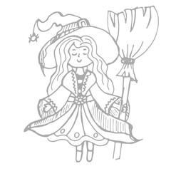 Hand drawn illustration of the witch with broom. Halloween doodle vector illustration for kids coloring page 