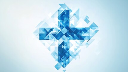 Medical cross shape formed by overlapping geometric patterns, abstract design in blue tones.