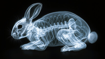 A black and white x-ray of an adult rabbit