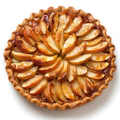 Freshly baked apple pie topped with a glaze, garnished with a dusting of cinnamon.