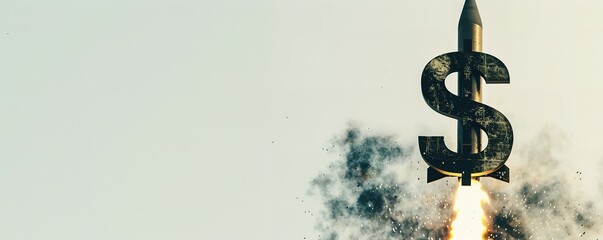 A dollar sign shaped missile launches into the air with smoke trails behind it. Concept of financial growth, success, and investment.