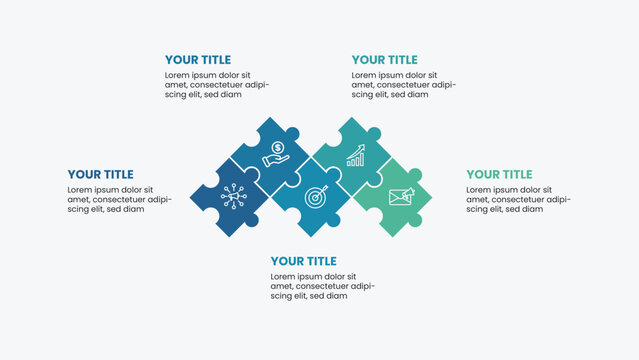 Modern infographic template with 5 options. Business presentation design with puzzle illustration.