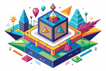 Abstract Isometric Composition with Geometric Shapes and Colors