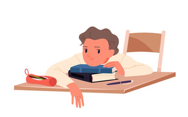 Bored young student sitting at desk tired from hard study. Lazy pupil lying on books at class table, funny sleepy boy doing school homework or exam test with tiredness cartoon vector illustration