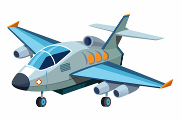 Fototapeta premium Cartoon illustration of a gray and blue airplane with orange accents