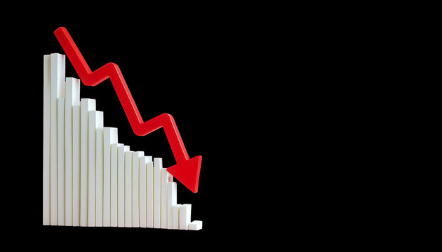 A downward trend represented by a red arrow and a declining bar graph, symbolizing losses in finances or market performance.