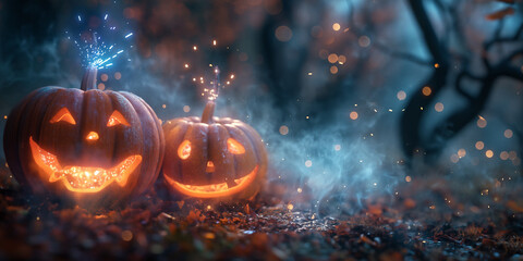 Fototapeta premium Magical spooky Halloween jack o lanterns in a pumpkin batch dark Halloween night