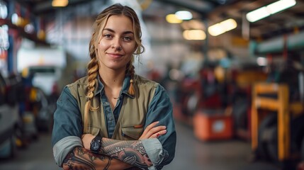 Female mechanic standing with her arms crossed looking at the camera smiling, in a car workshop background