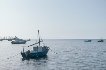 Weathered small fishing boat floats serenely on the calm sea, tethered by ropes. The distant shoreline is dotted with other boats and palm trees under a clear, bright sky