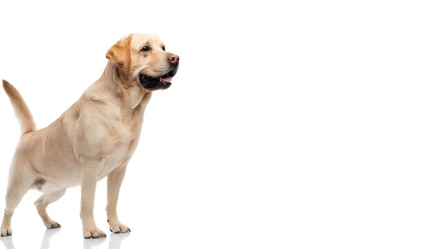 Yellow labrador lab retriever dog - Canis lupus familiaris - popular family dog, great with children isolated on white background laying down looking at camera with tongue out while panting