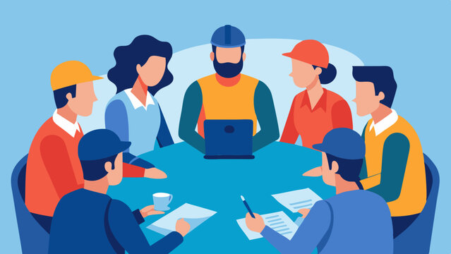 A group of union members having a meeting or discussion about labor rights and worker benefits.